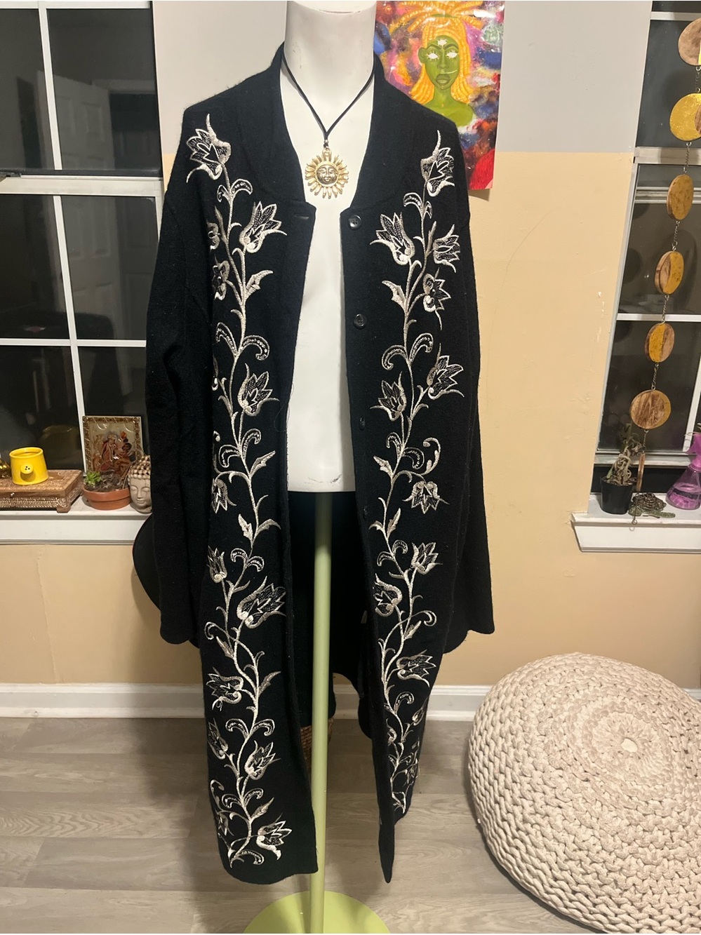 Jones NY Merino Wool Embroidered Long Black Coat with Ivory Floral Trim